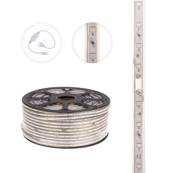 Лента светодиодная 220В, SMD2835, 4,8Вт/м, 60 LED/м, Красный, 10х7мм, 100м, с кабелем питания, IP67 NEON-NIGHT