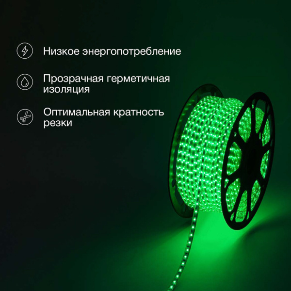 Лента светодиодная 220В, SMD2835, 4,8Вт/м, 60 LED/м, Зеленый, 10х7мм,с кабелем питания, IP67 NEON-NIGHT