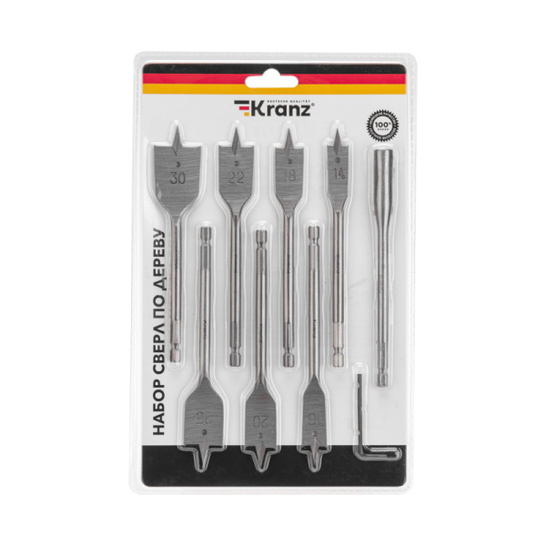 Набор сверл перовых по дереву 9 предметов: 14-16-18-20-22-25-30х152 мм, удлинитель, ключ угловой Kranz