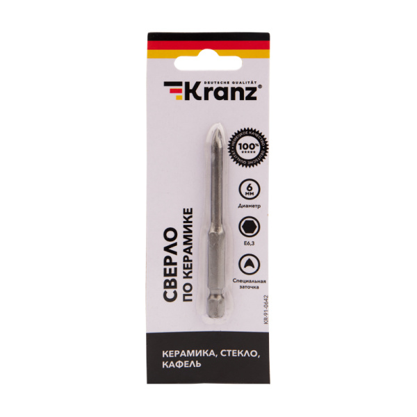 Сверло по стеклу и керамике 6 мм, 2 грани, шестигранный хвостовик Kranz