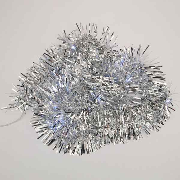 Гирлянда светодиодная Мишура серебряная 10 LED 1,5 м, прозрачный ПВХ, белый свет свечения, 2 х АА (батарейки не в комплекте) NEON-NIGHT