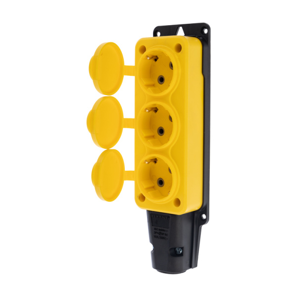 Розетка каучуковая 3 гнезда с крышкой (колодка) желтая, с/з, 16А, IP54, REXANT