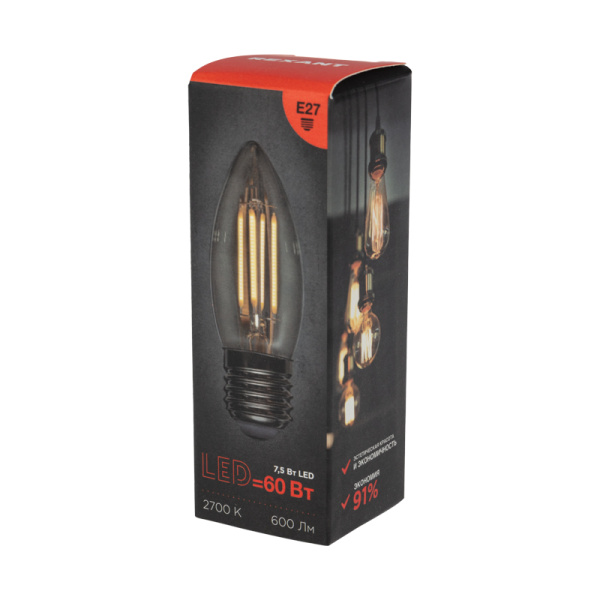 Лампа филаментная Свеча CN35 7,5Вт 600Лм 2700K E27 прозрачная колба REXANT 