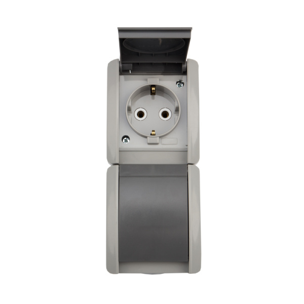 Блок вертикальный 2 розетки (керамика) INDUSTRIAL IP54 с заземлением, о/у, серый KRANZ