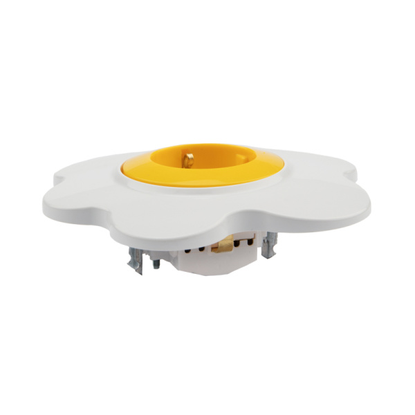 Розетка одноместная KRANZ HAPPY Яичница скрытой установки, с заземлением и защитными шторками, желтая/белая