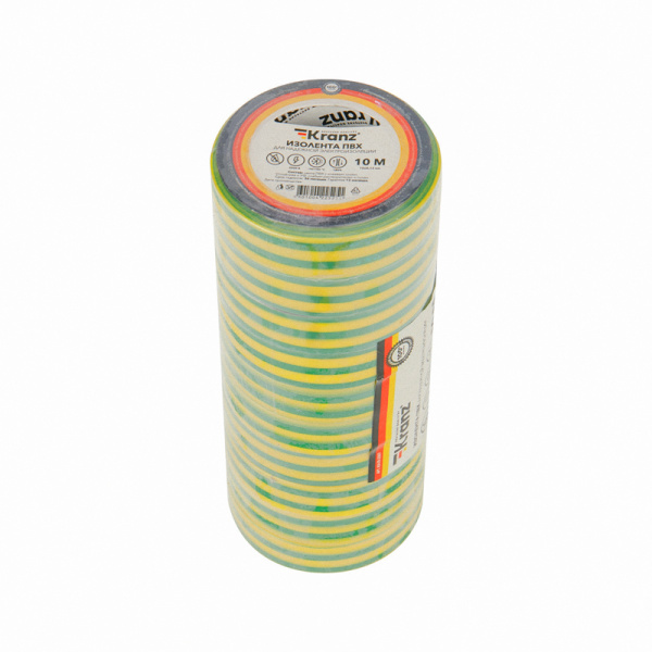 Изолента ПВХ 0,13х15 мм, 10 м, желто-зеленая KRANZ