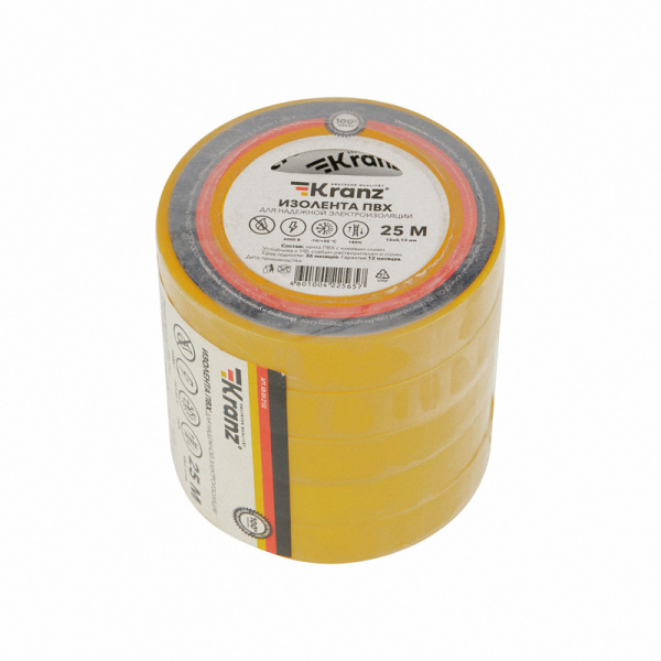 Изолента ПВХ 0,13х15 мм, 25 м, желтая KRANZ