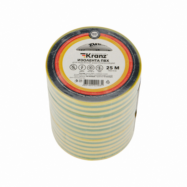 Изолента ПВХ 0,13х19 мм, 25 м, желто-зеленая KRANZ