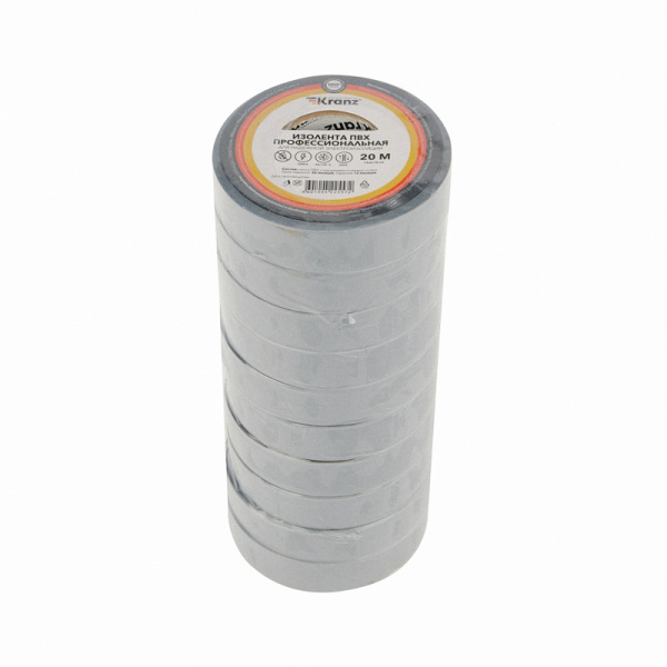 Изолента ПВХ профессиональная, 0,18х19 мм, 20 м, серая KRANZ