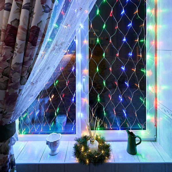 Гирлянда Сеть 1,5х1,5м, прозрачный ПВХ, 150 LED Мультиколор
