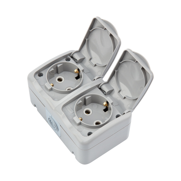 Блок горизонтальный 2 розетки Mini OG IP54 с заземлением, о/у, серый KRANZ