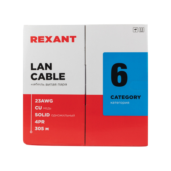 Кабель витая пара U/UTP, CAT 6, ZH нг(А)-HF, 4PR, 23AWG, INDOOR, SOLID, серый, 305 м, REXANT