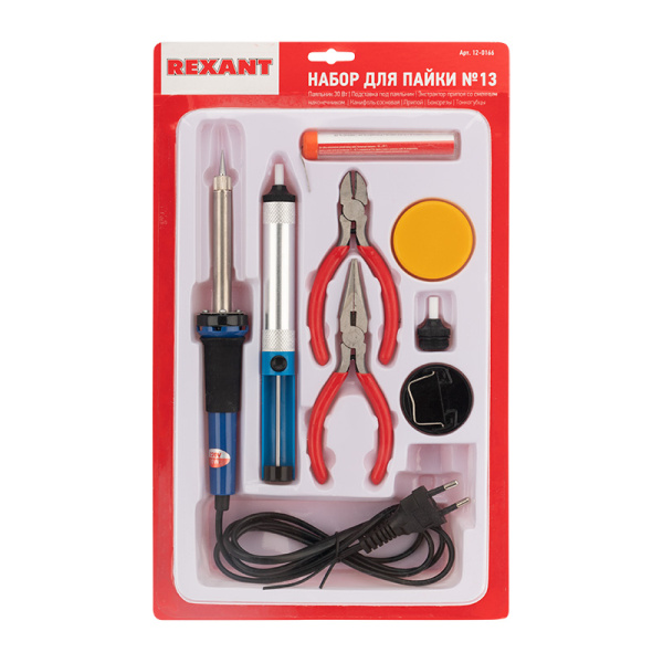 Набор для пайки №13 (паяльник 30Вт, подставка, канифоль, припой, бокорезы, тонкогубцы) REXANT