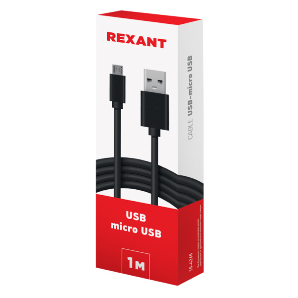 Кабель USB-A – micro USB, 1А, 1м, ПВХ, черный REXANT