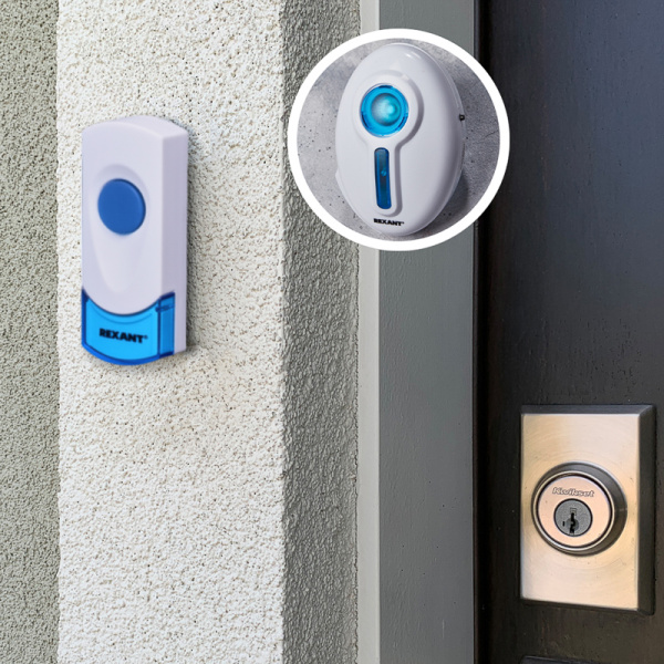 Беспроводной дверной звонок в розетку 32 мелодии 100м кнопка IP44 (белый/синий) REXANT RX-6