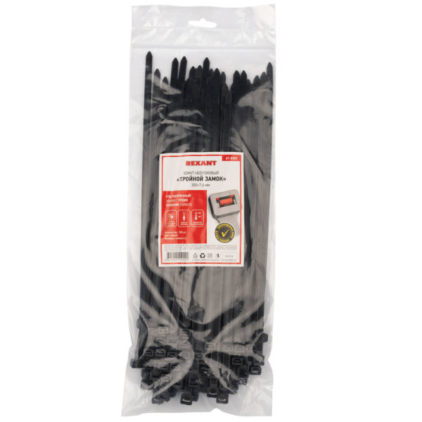 Стяжка нейлоновая с тройным замком 300x7,6мм, черная (100 шт/уп) REXANT