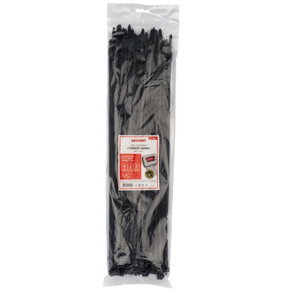 Стяжка нейлоновая с тройным замком 500x7,6мм, черная (100 шт/уп) REXANT
