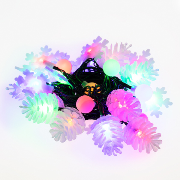 Гирлянда светодиодная универсальная с насадками (шарики, снежинки, елочки) 30 LED МУЛЬТИКОЛОР, 4,4 метра с контроллером