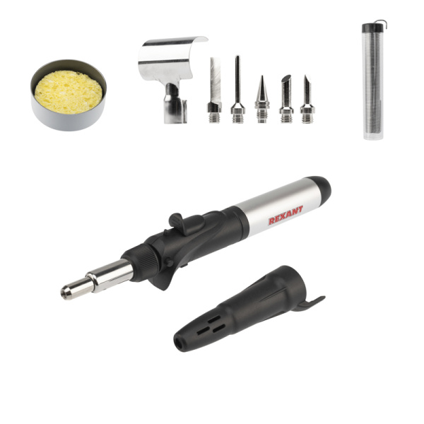 Паяльник-горелка с пьезоподжигом, газовый, 17мл, 6 насадок + припой + губка, коробка REXANT