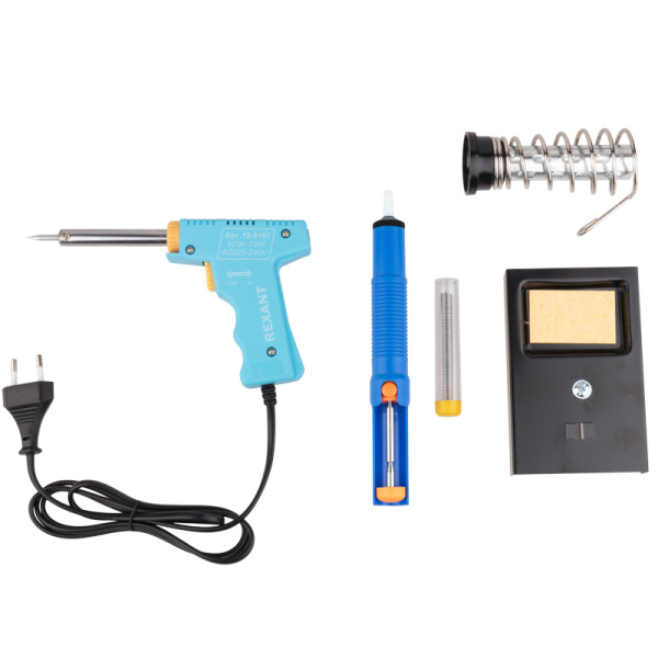 Набор для пайки №5 (паяльник импульсный 30/70Вт, оловоотсос, подставка, припой) REXANT