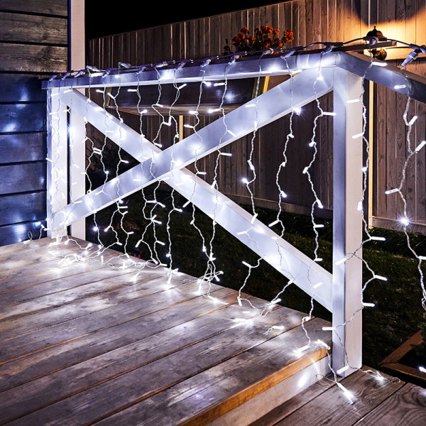 Гирлянда светодиодная Занавес 2х1,5м 192 LED БЕЛЫЙ прозрачный ПВХ IP65 постоянное свечение 230В соединяется NEON-NIGHT шнур в комплекте 