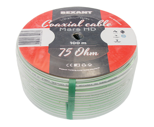 Кабель коаксиальный MARS HD, Cu/Al/CuSn, 96%, 75Ом, 100м, INDOOR, белый REXANT