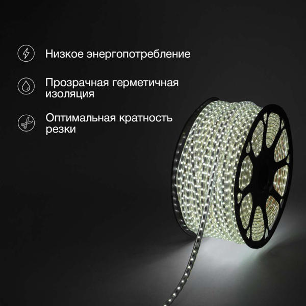 Лента светодиодная 220В, SMD5050, 14,4Вт/м, 60 LED/м, Холодный белый, 13х8мм, 100м, с кабелем питания, IP67 NEON-NIGHT