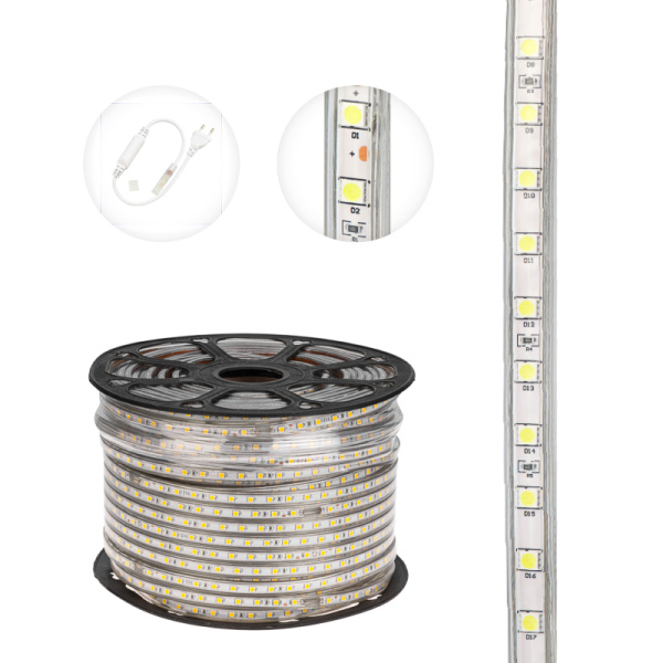 Лента светодиодная 220В, SMD5050, 14,4Вт/м, 60 LED/м, Холодный белый, 13х8мм, 100м, с кабелем питания, IP67 NEON-NIGHT