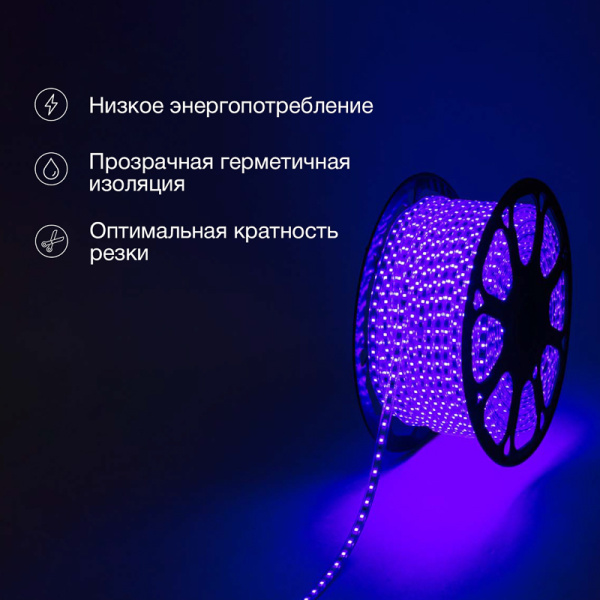 Лента светодиодная 220В, SMD2835, 4,8Вт/м, 60 LED/м, Синий, 10х7мм, 100м, с кабелем питания, IP67 NEON-NIGHT