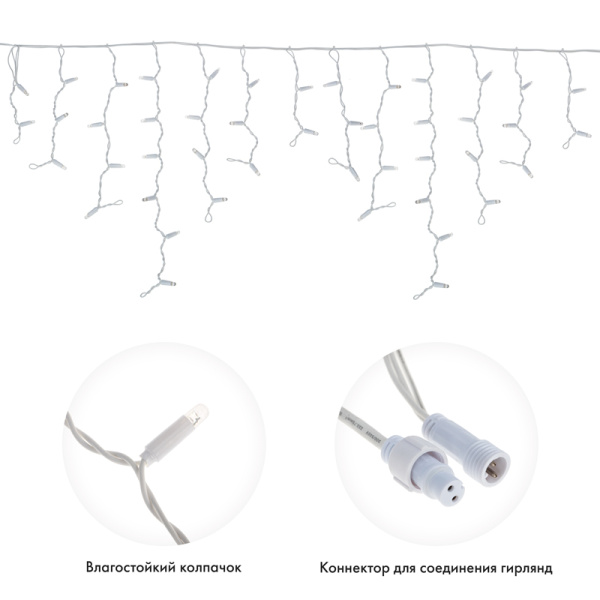 Гирлянда светодиодная Бахрома (Айсикл), 2,4х0,6м, 88 LED ТЕПЛЫЙ БЕЛЫЙ, белый ПВХ, IP65, постоянное свечение, 230В NEON-NIGHT (шнур питания в комплекте)