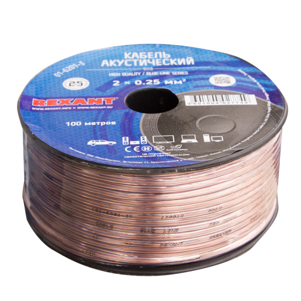 Кабель акустический 2х0,25мм², прозрачный BLUELINE, 100м REXANT