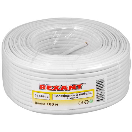 Кабель телефонный ШТЛП 4 жилы CCA, белый, 100м REXANT 