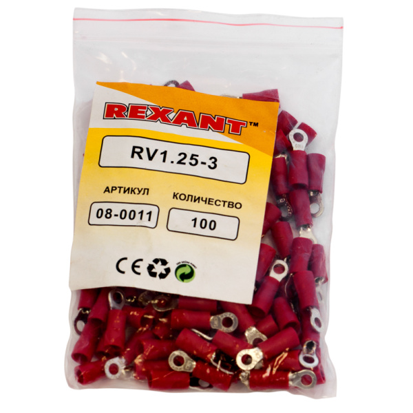 Наконечник кольцевой изолированный ø 3.2 мм 0.5-1.5 мм² (НКи 1.5-3/НКи 1,25-3) красный REXANT