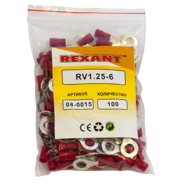 Наконечник кольцевой изолированный ø 6.5 мм 0.5-1.5 мм² (НКи 1.5-6/НКи 1,25-6) красный REXANT