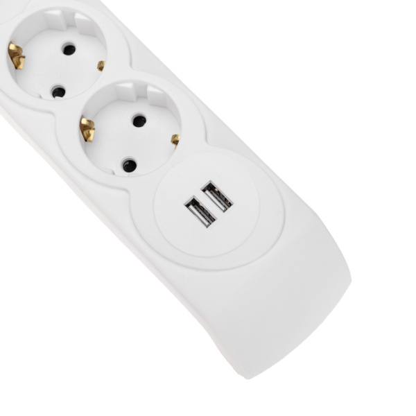 Фильтр сетевой 5 гнезд, 3м, 3х1,5мм², с автовыкл, 2 USB, белый KRANZ
