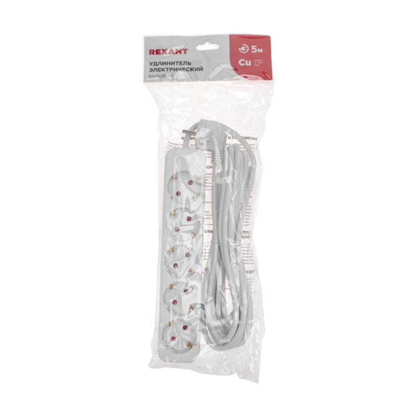 Удлинитель STANDARD 5 гнезд, 5м, 3х1,0мм², с/з, белый REXANT