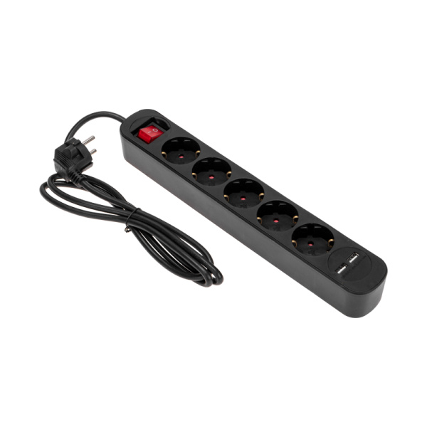 Удлинитель STANDARD 5 гнезд, 1,5м, 3х1,0мм², с/з, с выключателем, 2 USB, черный REXANT
