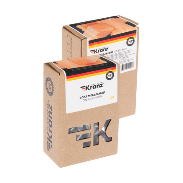 Болт мебельный DIN 603, 8,0х40мм, короб (50 шт/уп) KRANZ