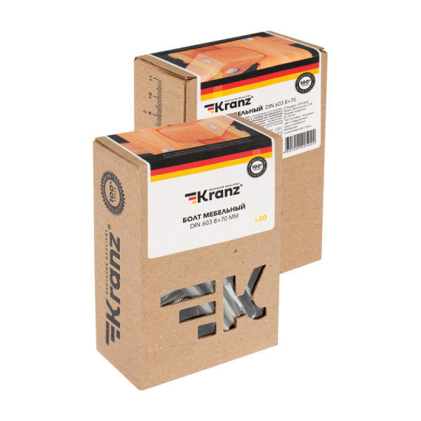 Болт мебельный DIN 603, 8,0х70мм, короб (30 шт/уп) KRANZ