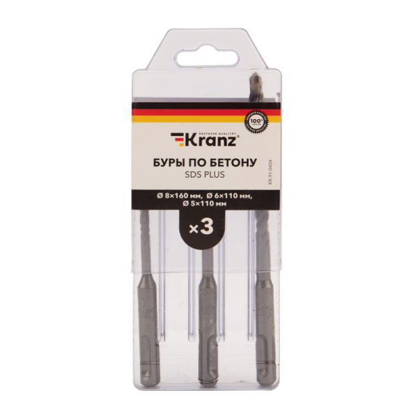 Набор буров по бетону 5х110х50, 6х110х50, 8х160х100мм, 3 шт, в пластиковой коробке SDS PLUS KRANZ