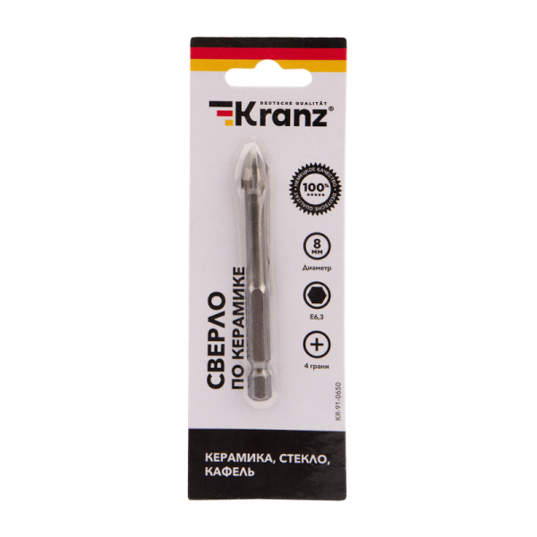 Сверло по стеклу и керамике  8 мм, 4 грани, шестигранный хвостовик Kranz