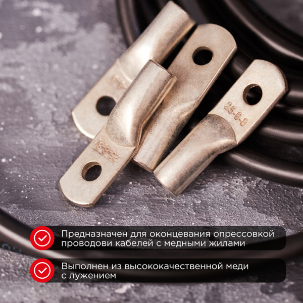 Наконечник медный луженый ТМЛ 25–6–8 (25мм² - Ø6мм) ГОСТ 7386-80 (в упак. 100 шт.) REXANT