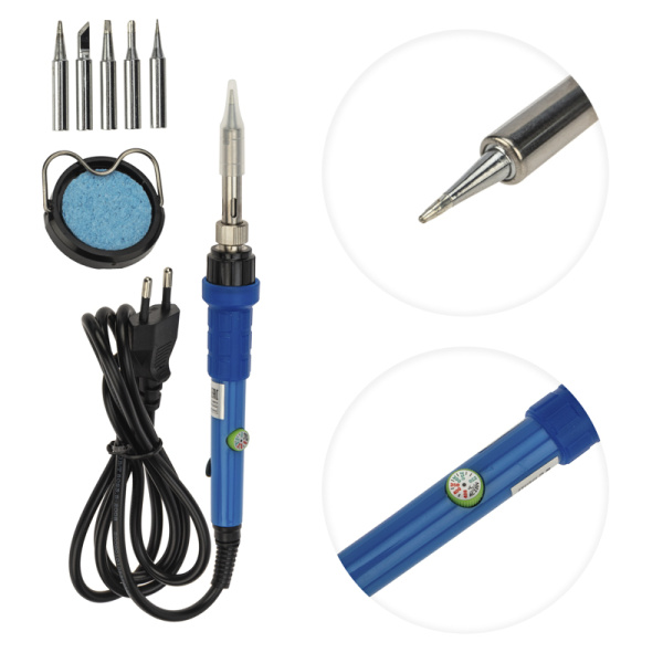 Набор для пайки (паяльник с керамическим нагревателем 60Вт, 220-480°C, подставка с губкой, набор из 5 жал) REXANT