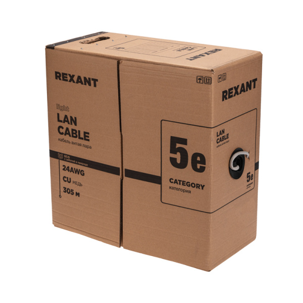 Кабель витая пара F/UTP, CAT 5е, PVC, 4PR, 24AWG, INDOOR, SOLID, серый, 305м, серия LIGHT, РФ REXANT