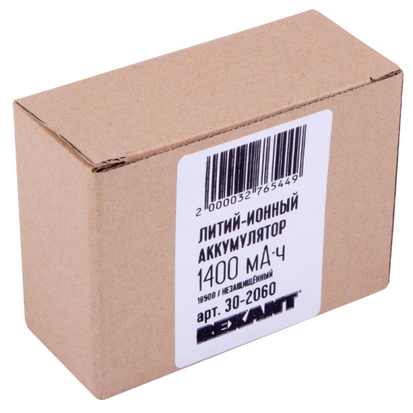 Аккумулятор Li-ion 18500, 3,7В, 1400мАч, без платы защиты, плоский контакт, 10 шт, коробка REXANT