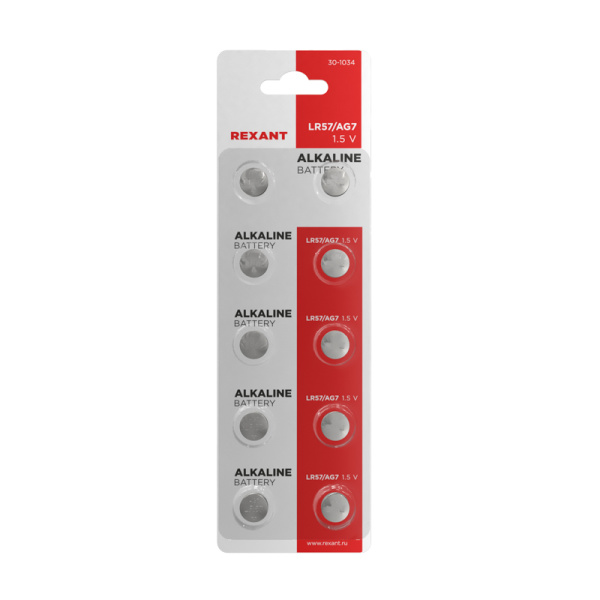 Батарейка часовая LR57, 1,5В, 10 шт (AG7, LR926, G7, 195, GP95A, 395, SR927W) блистер REXANT