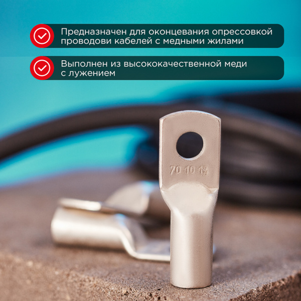 Наконечник медный луженый ТМЛ 70–10–13 (70мм² - Ø10мм) ГОСТ 7386-80 (в упак. 2 шт.) REXANT