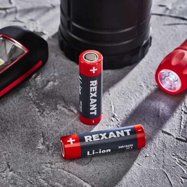 Аккумулятор Li-ion 18650, 3,7В, 3000мАч, без платы защиты, плоский контакт, 2 шт, блистер REXANT