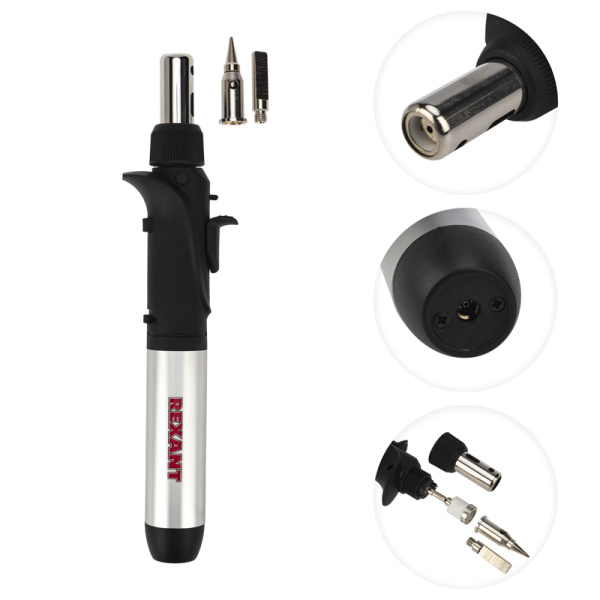 Паяльник-горелка с пьезоподжигом, газовый, 17мл, 2 насадки, блистер REXANT