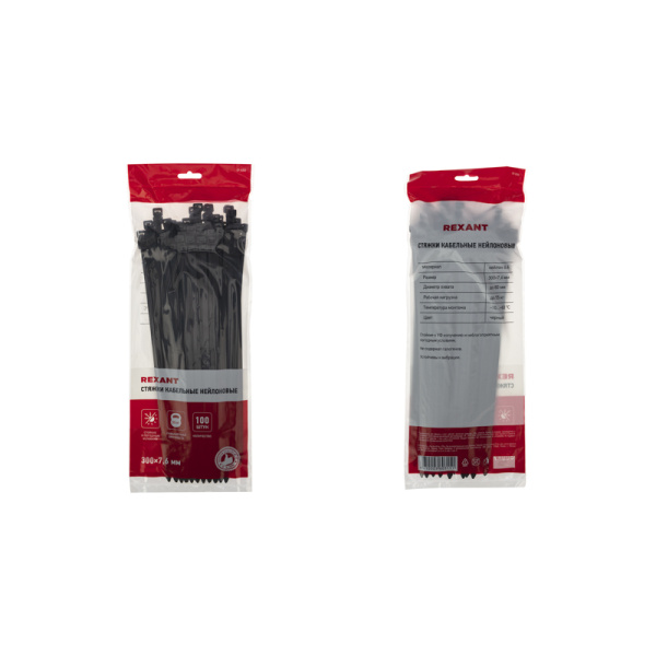 Стяжка кабельная нейлоновая 300x7,6мм, черная (100 шт/уп) REXANT